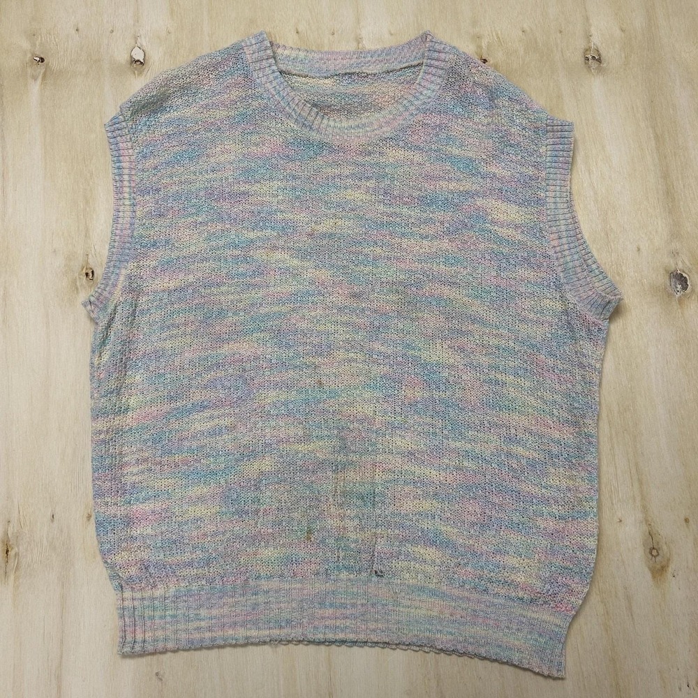 Vintage Pastel Sweater Vest Womens Large Crew Neck Tight Knit Lightweight